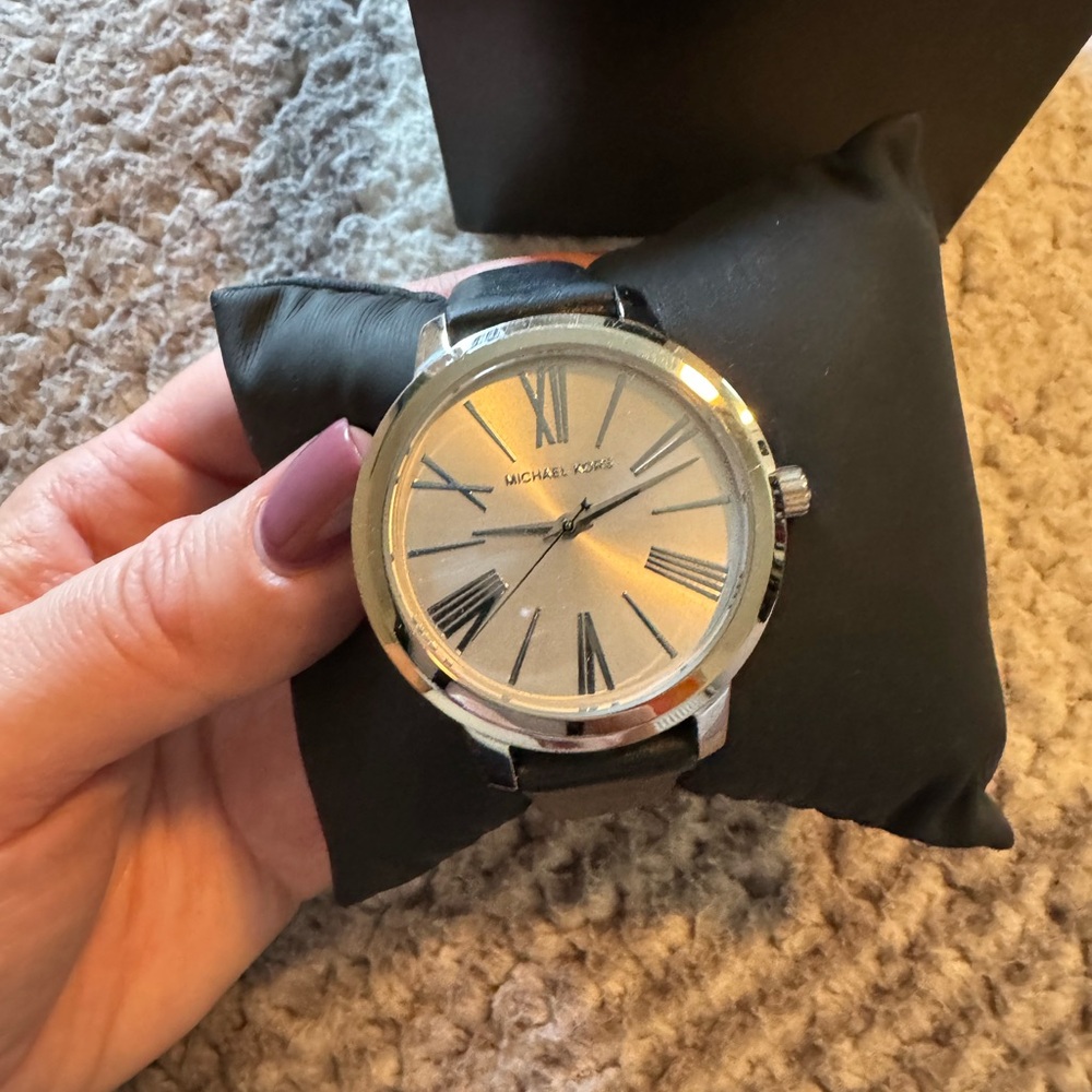 Michael Kors black leather and silver tone watch